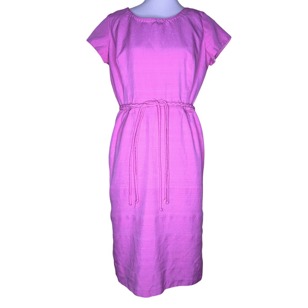 Vintage 1960s Pink Doupioni Silk Sheath Dress Italy Couleur Fabrics Braided Belt